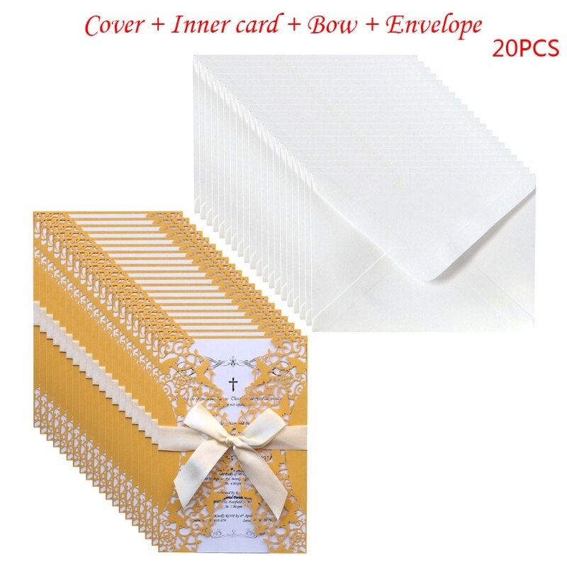 20pcs Wedding Invitations Card Hollow Invite Envelopes with Ribbon Bridal Shower A9LB: Gold