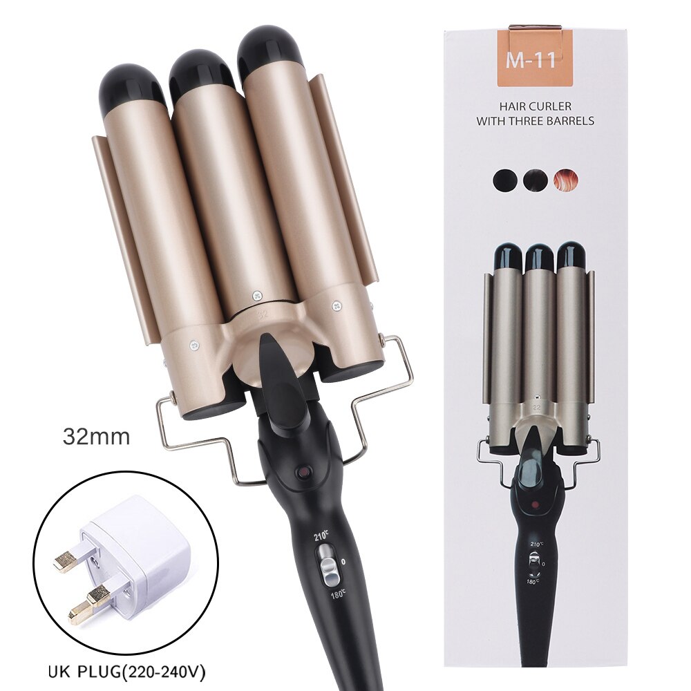 Prancha modeladora de cachos profissional, aparelho de ferro e cerâmica para encaracolar e ondular o cabelo, modelador de cabelos com três cilindros: 32MM UK PLUG