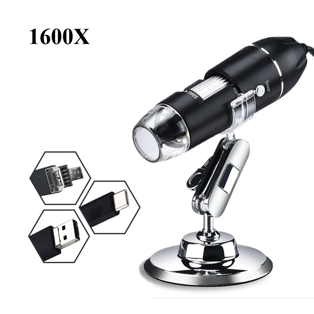 Adjustable 1600X LED Digital Microscope Camera Type-C/Micro USB Zoom Magnifier Endoscope Electronic USB Microscope: 1600X 3 in 1