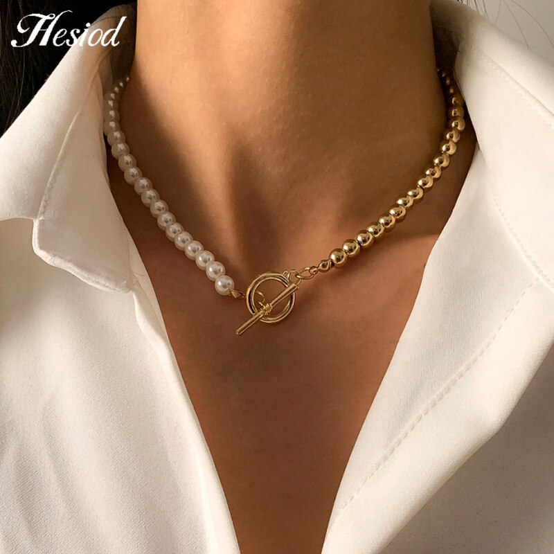 Hesiod Vintage Bohemia Multi-layer Hollowed Flower Necklace For Women Rhinestone Crystal Collar Necklace Pearl Choker: H72555goldwhite