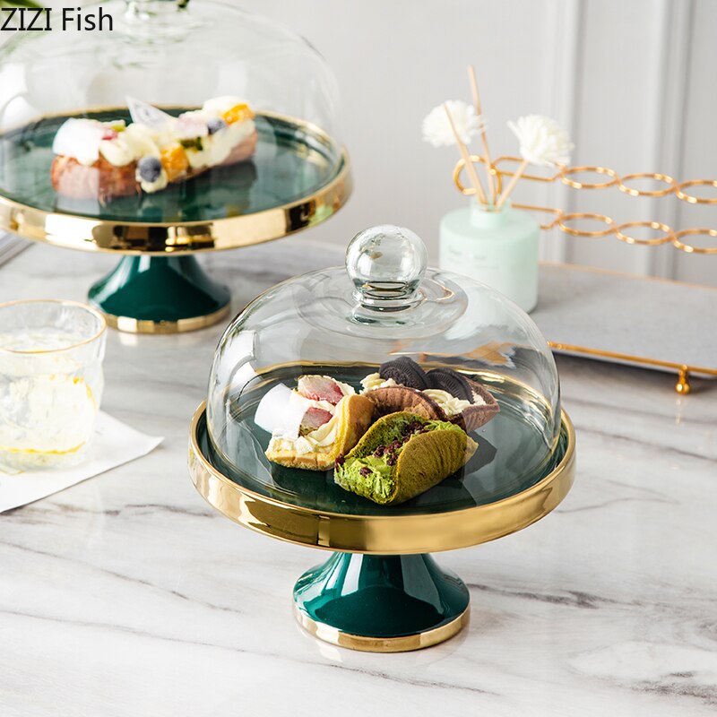 Ceramic Dessert Table Cake Plate with Glass Lid Hotel Restaurant High Foot Fruit Plate Decoration Tasting Plate Home Tableware