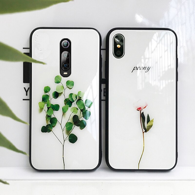 Tempered Glass Case For Meizu 15 16 16s case Simple Glossy Green plant Peony Hard Cover For Meizu 16 16th 15th 16s Phone Casing