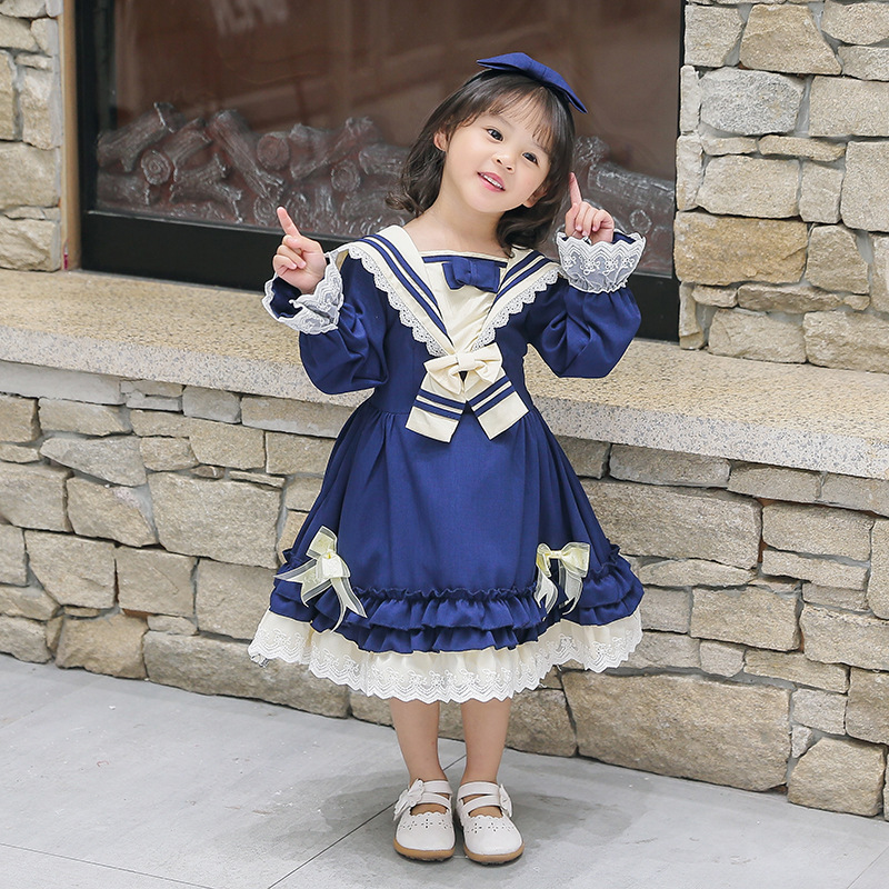 Barn lolita klänning japansk kawaii lolita kostymer blå/röd långärmad spetsklänning barns prinsessa tefest kläder  vo816: Blå / 90cm