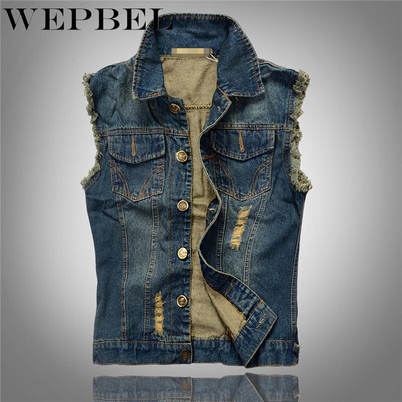 WEPBEL automne Vintage rétro Punk Cowboy hommes sans manches déchiré jean gilet Denim gilets noir Badge moto gilet