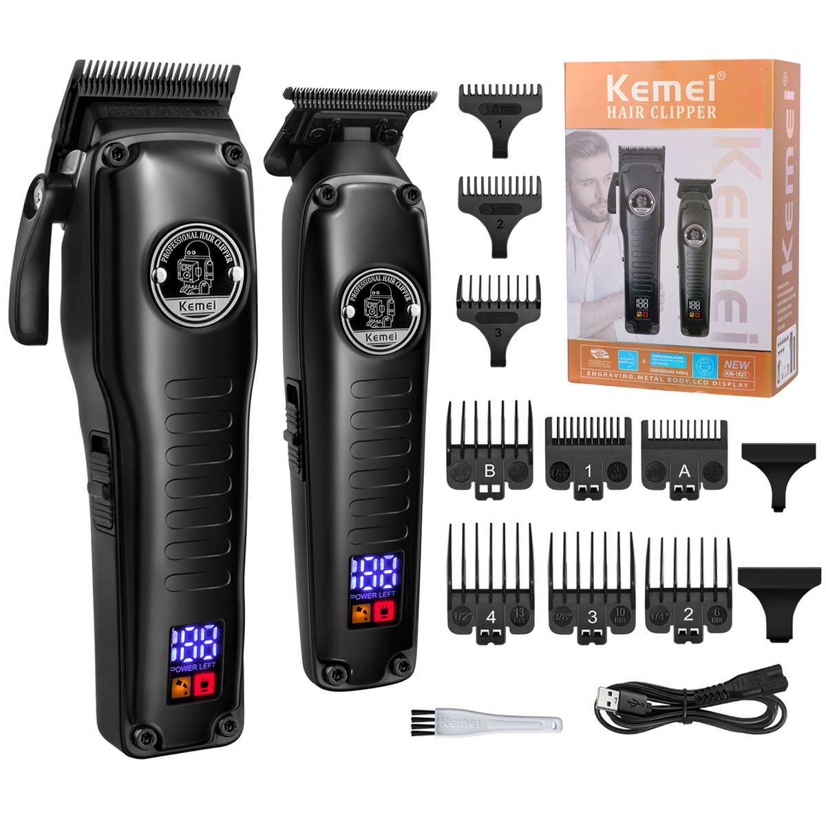 KEMEI Hair Clipper Trimmer Set Hair Cutting Machine Cordless Barber Clipper LED Display Beard Trimmer Men: black