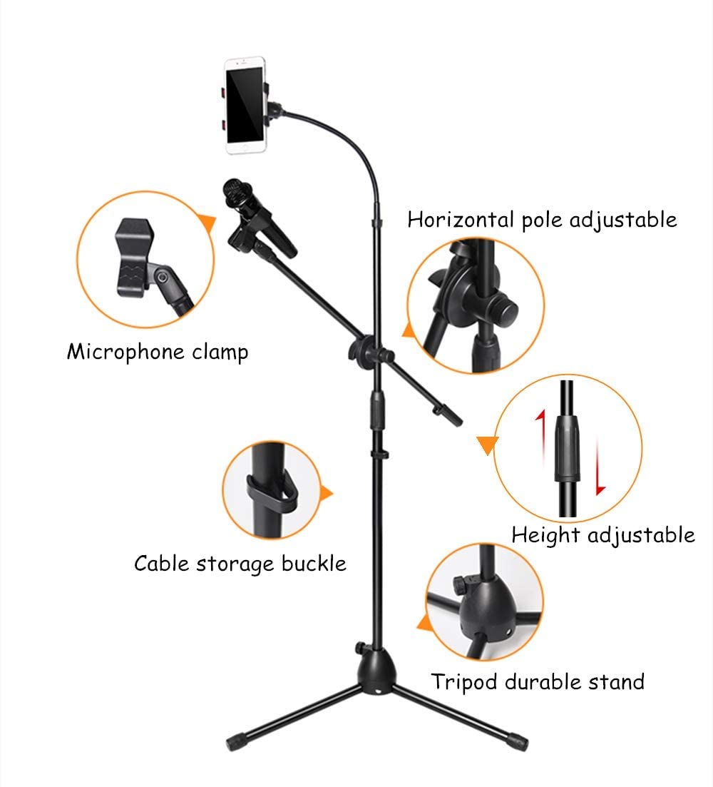 Tablet Tripod Stand with Microphone Holder, Lightweight Folding Tripod Mic Stands Height Adjustable Cell Phone Floor Stand