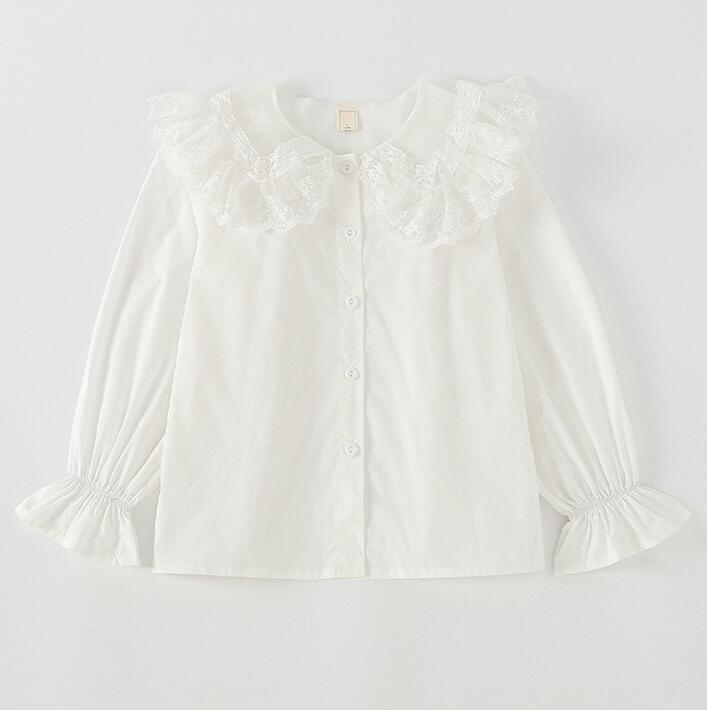 Camisa blanca de manga larga para niñas, blusa de algodón con cuello de encaje para chicas adolescentes, ropa para niños de 6, 8, 10, 12 y 14 años: 110