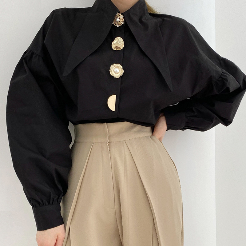 Weiße Elegante Perle Frauen Hemden Koreanische Scharf Ecke Kragen verlieren Lange Hülse Damen Bluse Y2k Neue schick Weibliche Spitzen