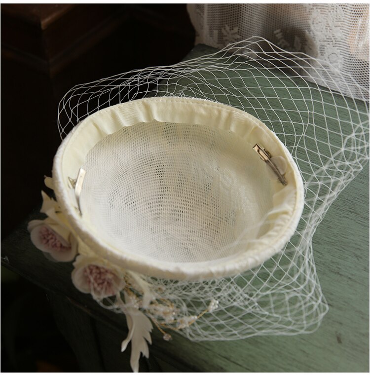Chapeau de mariage pour femme, en lin Beige, Vintage, fait à la main, voile de visage avec peigne