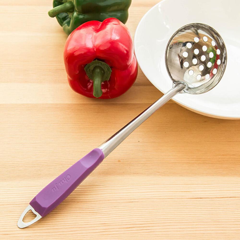 Escurridor de acero inoxidable, colador, cuchara de sopa, cucharón de sopa, utensilios de cocina, mango, colgante de pared, Color caramelo, herramientas de cocina, accesorios: purple Colander