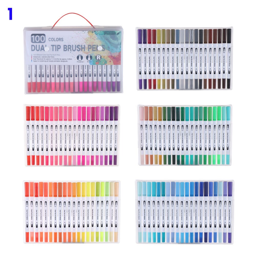 Caneta aquarela de cabeça dupla, caneta de aquarela com 12/18/24/36/48/72/100/unidades/pacote cores conjunto de marcador de cor, caneta de marcador de arte, canetas, material escolar: 1