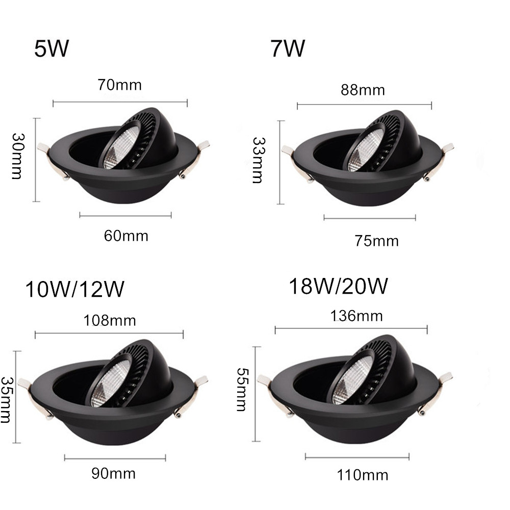Luz descendente LED giratoria 360, foco COB regulable de 85V-265V, 5W, 7W, 12W, 15W, empotrado en luces LED de techo, iluminación interior