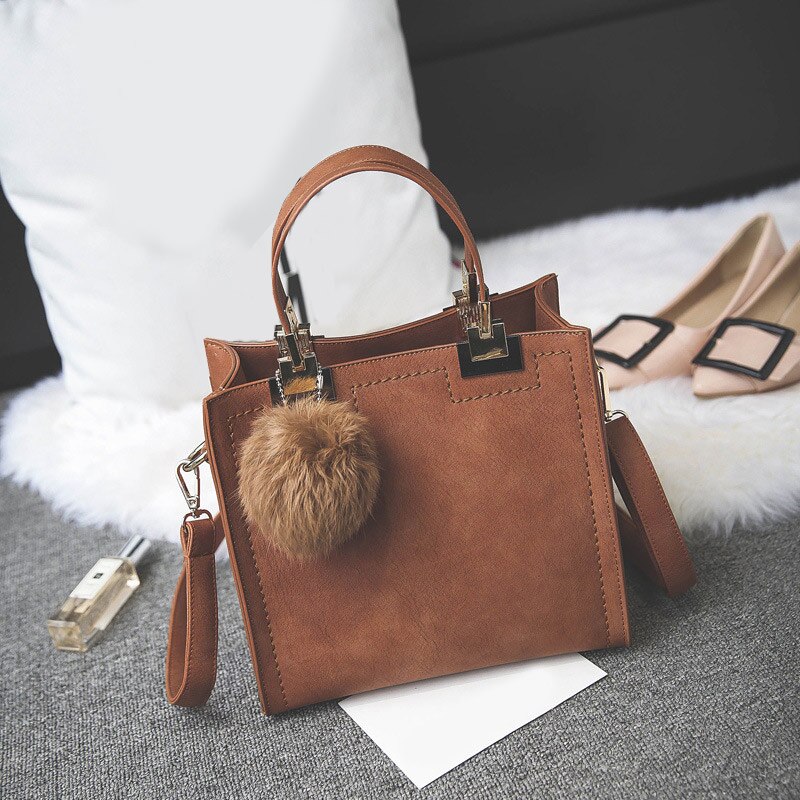 Brand Designers Hangbags For Women PU Leather Hairball Pendant Handbag Lady's Shoulder Messenger Bag For Women Tote Bag: Brown