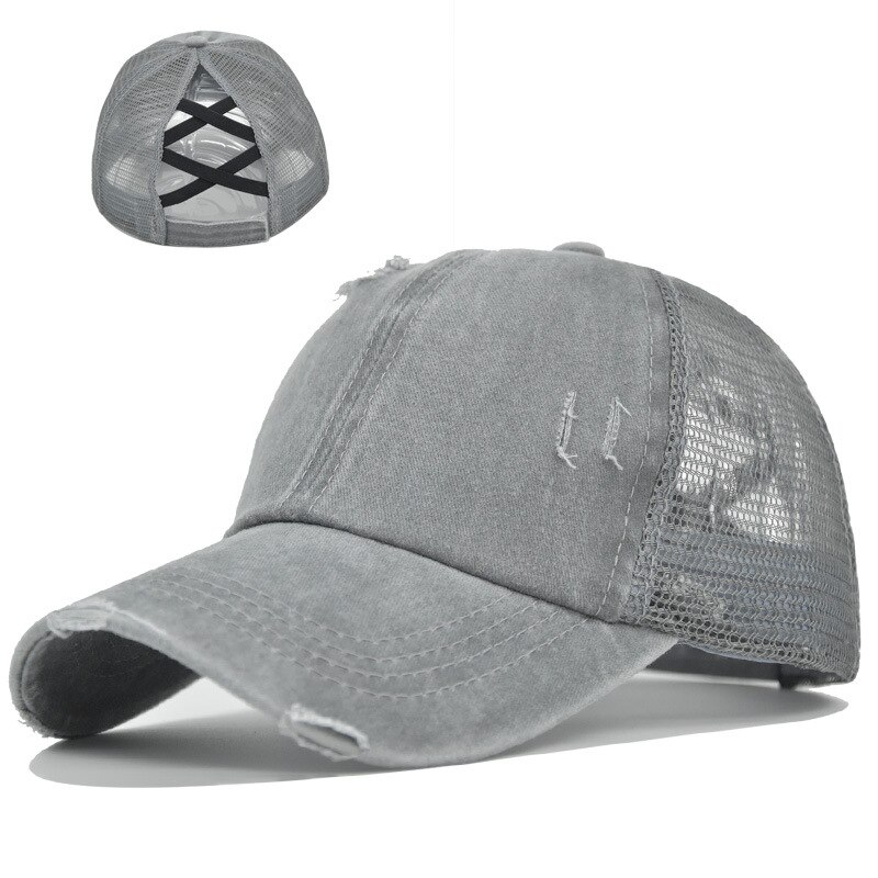 spring product elastic cross ponytail cap hole ponytail cap washed cross ponytail mesh cap female braid hat womens hat: CC606-14 Gray 2