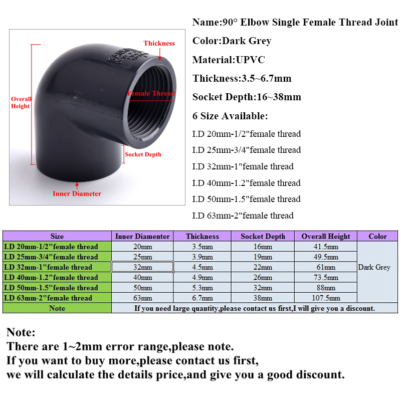 1/2"~2" Single Female Thread 90° Elbow Connector Planting Frame Plastic Joint UPVC Pipe 90° Elbow Socket Fish Tank Connectors