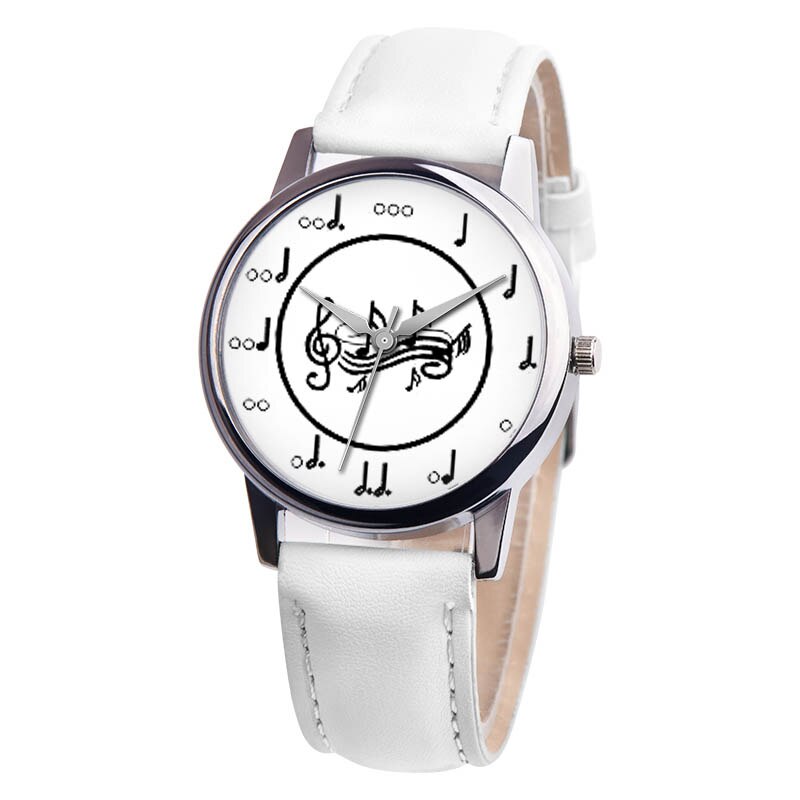 OKTIME Women PU Leather Strap Wrist Watch Musical Note Round Dial Casual Analog Quartz Watches TT@88: White