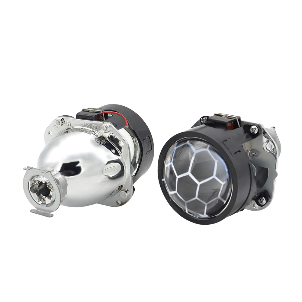 2.5” Honeycomb Bi-Xenon Projector Headlights – Square LED Angel Eyes, H1, Chrome/Blue