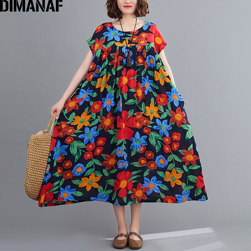 Dimanaf sommer plus størrelse kvinder kjole strand stil kvinde vestidos solkjole løst print blomster plisseret dame lang kjole
