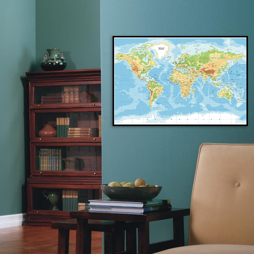 80*60cm The World Terrain Map Spray Canvas Painting Wall Art Poster School Supplies Living Room Home Decoration