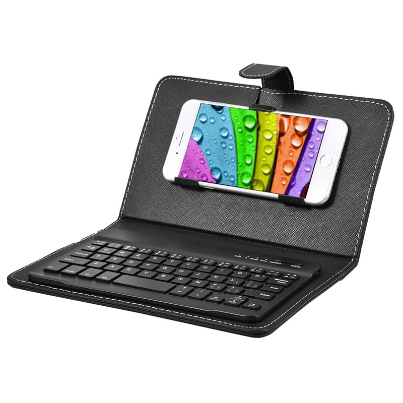 Wireless Bluetooth Keyboard Case Leather Stand Cover for IPhone Android Phones: Black