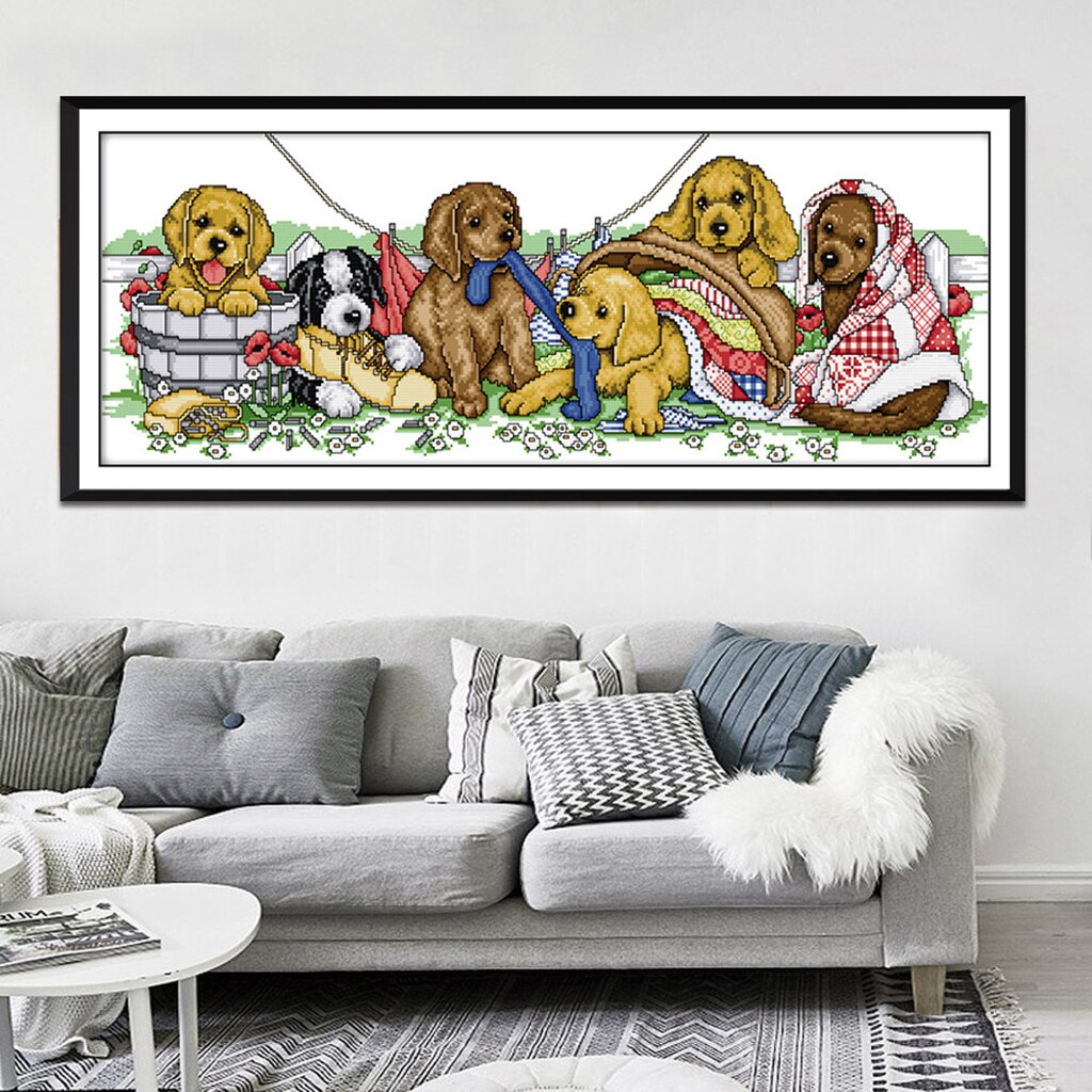 Stamped Cross Stitch Starter Kits Beginners Cross-Stitching Pre-Printed Pattern -Six Dogs, No Frame