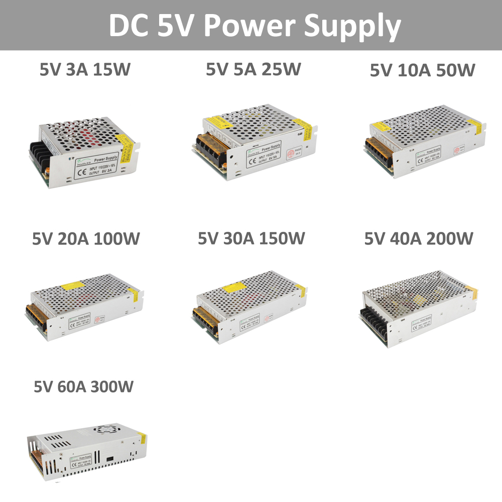 MJJCLED Power Supply 5V 3A 5A 10A 110V 220V AC to DC 5 Volt Lighting Transformers 20A 30A 40A 60A LED Strip Light Power Suply