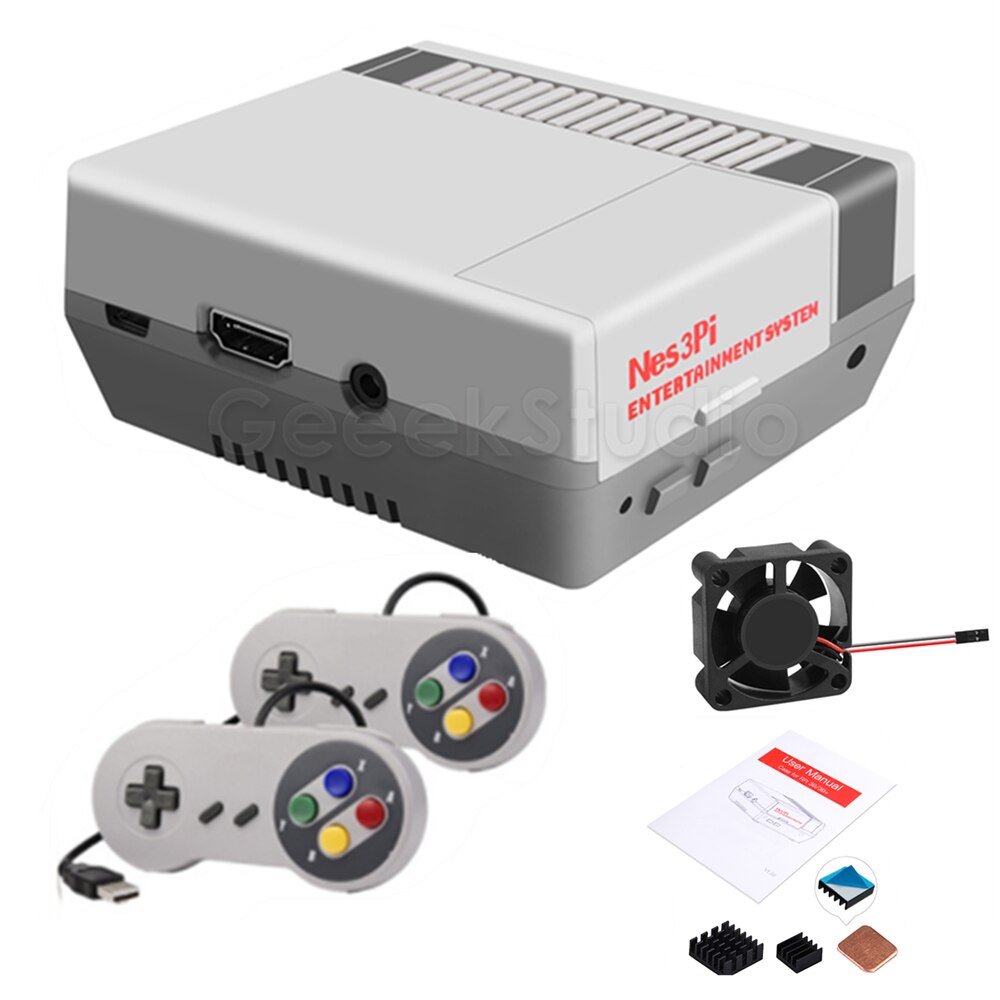 Nes3Pi NES Style Case Kit ABS Functional Cooling Fan Heatsinks Screwdrivers for Raspberry Pi 3B+/3B/2B: Case and controllers