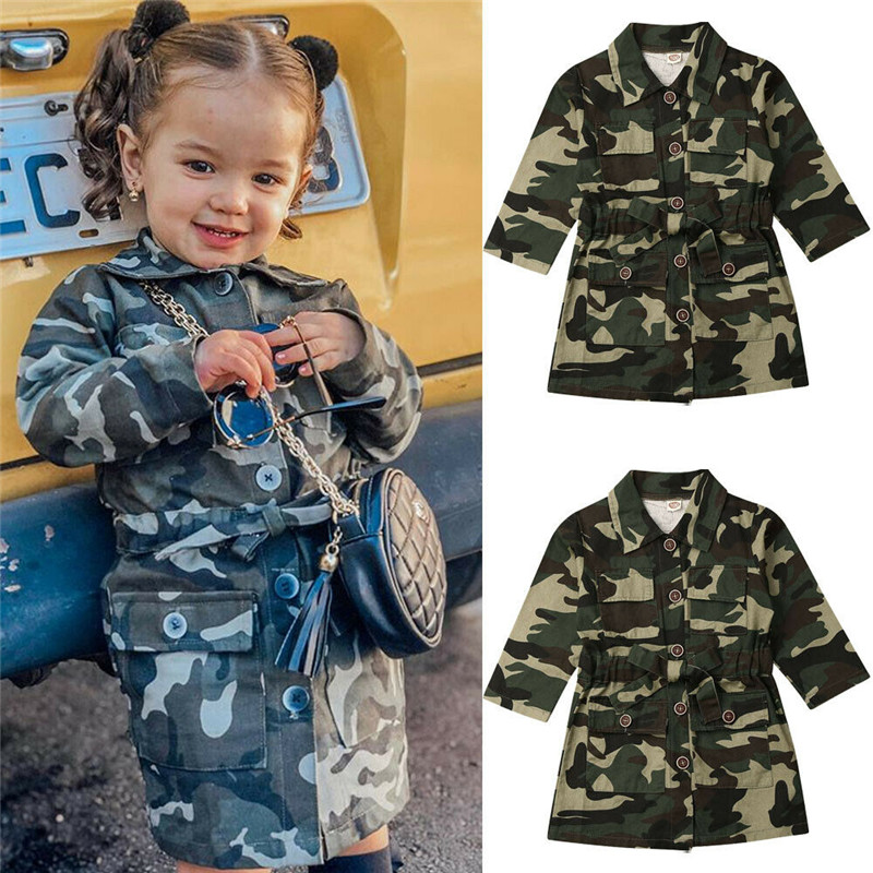 Småbørn pige langærmet skyttegrav afslappet camouflage jakke knæfrakke outwear vindjakke efterår børnetøj