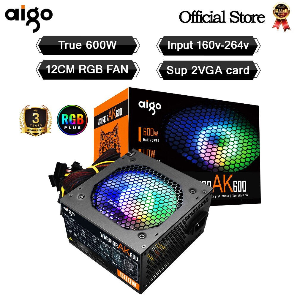 Go AK-Unidad de fuente de alimentación PSU para PC, ventilador negro silencioso para juegos, 600mm, rgb, 24 Pines, 12V, ATX, fuente de alimentación para ordenador de escritorio, BTC, 120 W