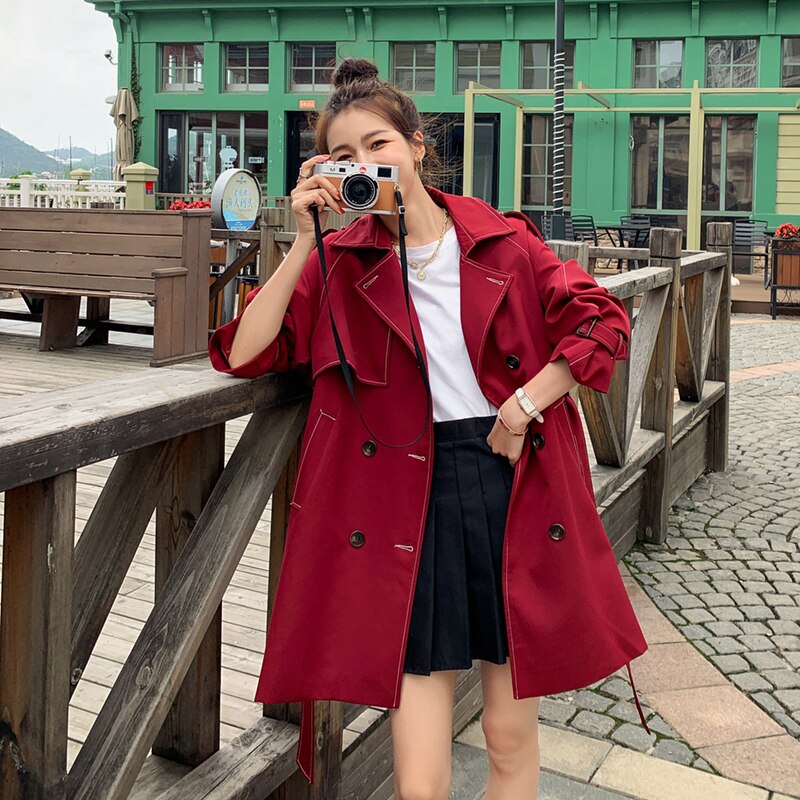 FTLZZ Autumn Winter Female Trench Turn-down Collar Double Breasted Coat Vintage Belt Solid Trench Outwear