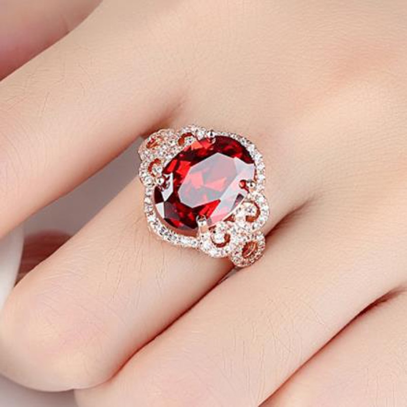 Valentine's Day Womens Rose gold color Big Red CZ Wedding Ring Shiny AAA CZ hollow out Zircon Ring Girls Party Jewelry Anel