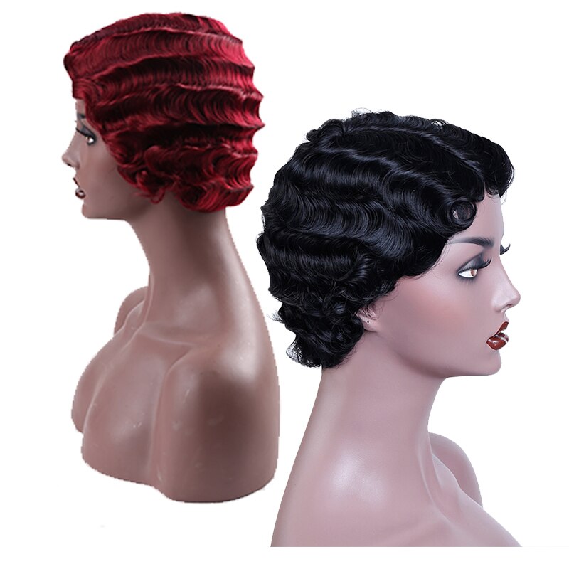 AILIADE cheveux noirs vague courte perruques pour femme court doigt vague perruques court coupe de lutin perruque courte perruques