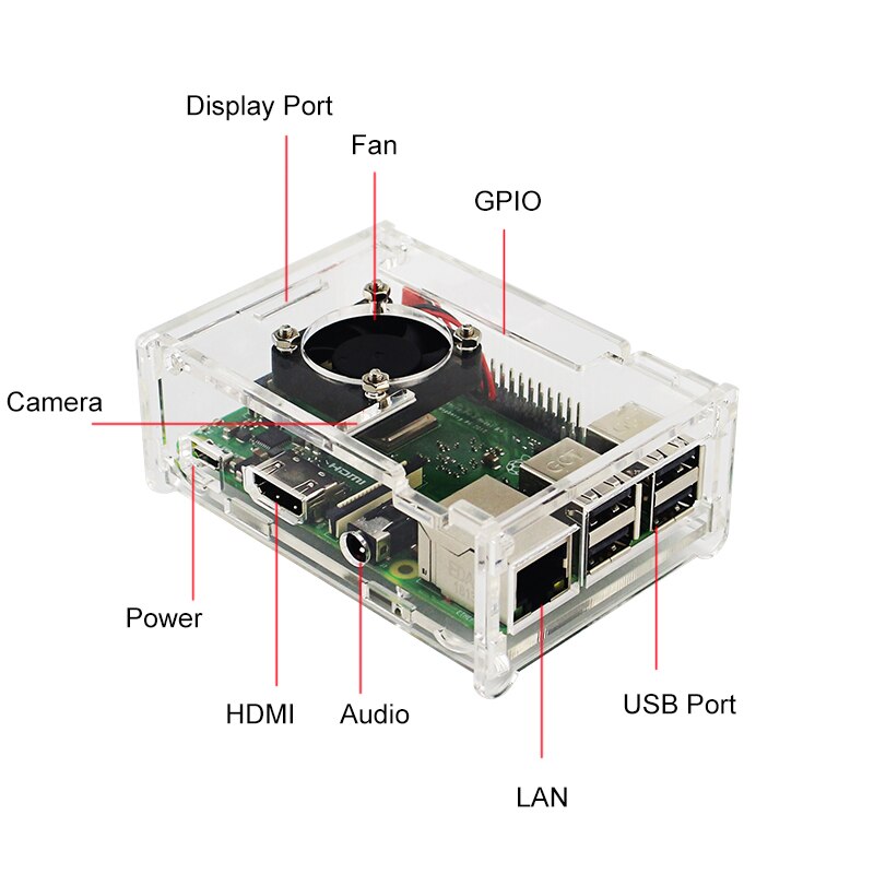 For Raspberry Pi 3 Model B+(Plus) Acrylic Case Transparent Box Cover Shell + Cooling Fan+Aluminum Heat Sink For Raspberry Pi 3 M