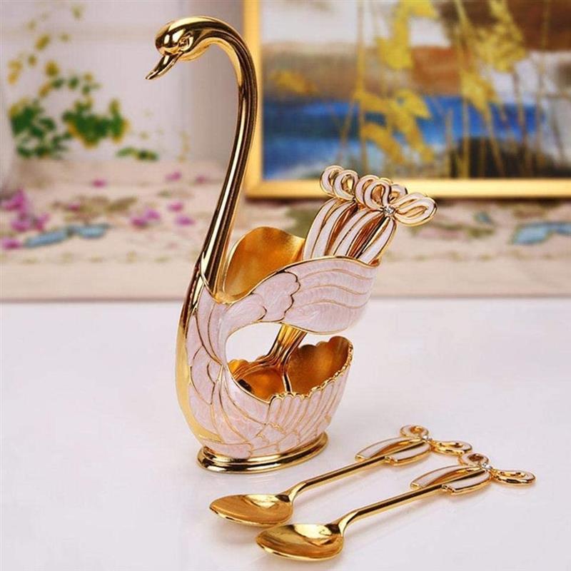 Elegante Zwaan Base Houder Lepels Set Koffie Fruit Dessert Bestek Servies Voor Thuis Decoratie 6 Lepels + 1 Zwaan
