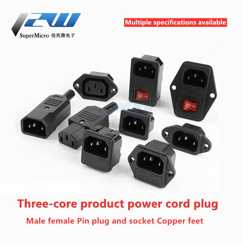 Input connector 10A 250VAC 3pin iec320 C14 power plug with red light rocker switch 10A male/female connectorAC-01/02/03/04/05/06