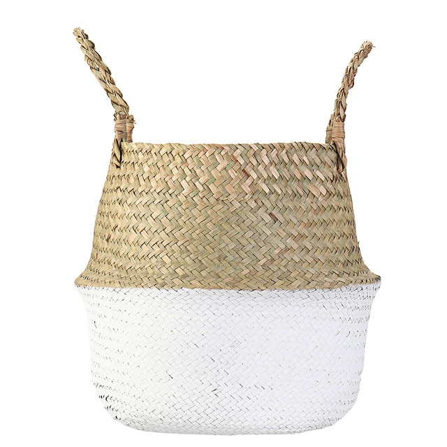Handmade Bamboo Storage Baskets Foldable Laundry Straw Patchwork Wicker Rattan Seagrass Belly Garden Flower Pot Planter Basket: White / M 27X23CM