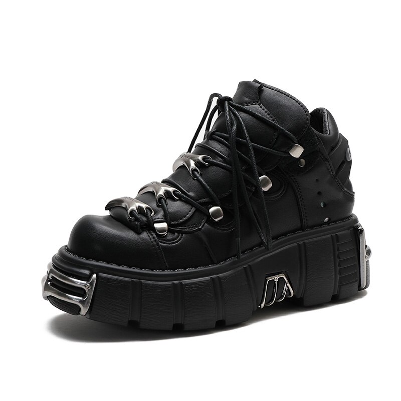 Punk Gothic Style Metal Decor Platform Women Sneakers Round Toe Lace Up Creepers Casual Female Shoes Rock Demonia Boots: black / 40