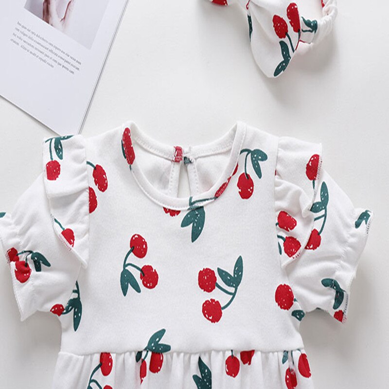 Body de manga corta con estampado de cereza para bebé, Pelele de princesa fruncido, mono con Estampado de cereza, diadema estampada, mamelucos para niño
