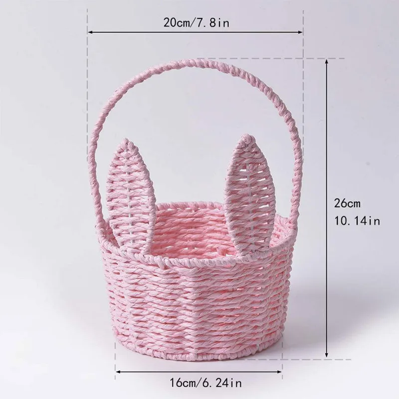 Cute Bunny Ears Woven Basket Paper Rope Braided Flower Basket Easter Decoration Home Picnic Fruit Hand-held Sundries Organizers: Pink