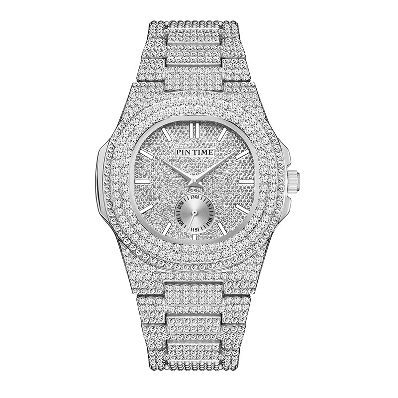 Fashon Iced Out Watch Men Diamond Hip Hop Mens Watches Top Brand Luxury Steel Gold Men Clock Montre Homme Reloj Hombre Relogio: Silver