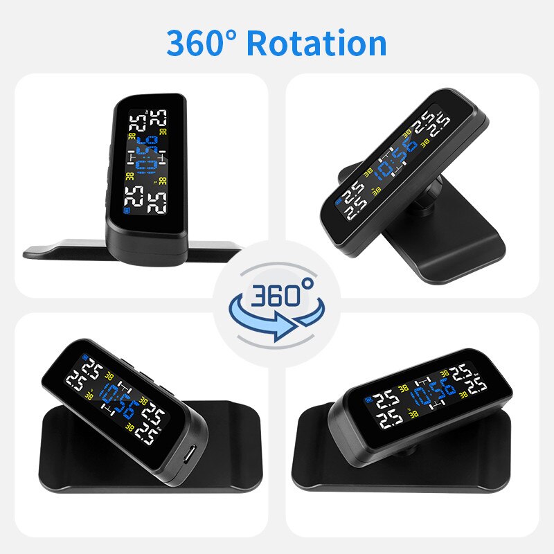Wireless TPMS Time Display Car Alarm Tire Pressure Monitoring System Rotation Warning Solar Power Charge Inside/External sensors
