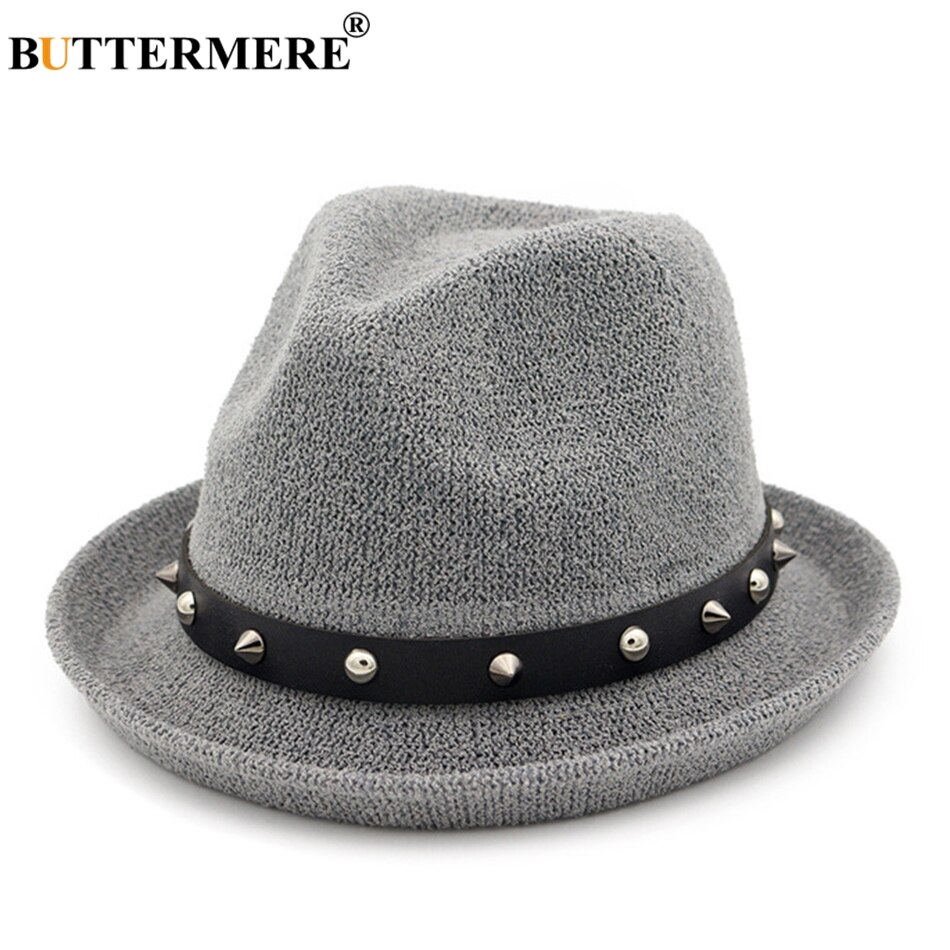 Buttermere fedora hoed dames klinknagel effen beige trilby hoed jazz hoed casual lus garen zomer herfst vrouwelijke punk rock pet