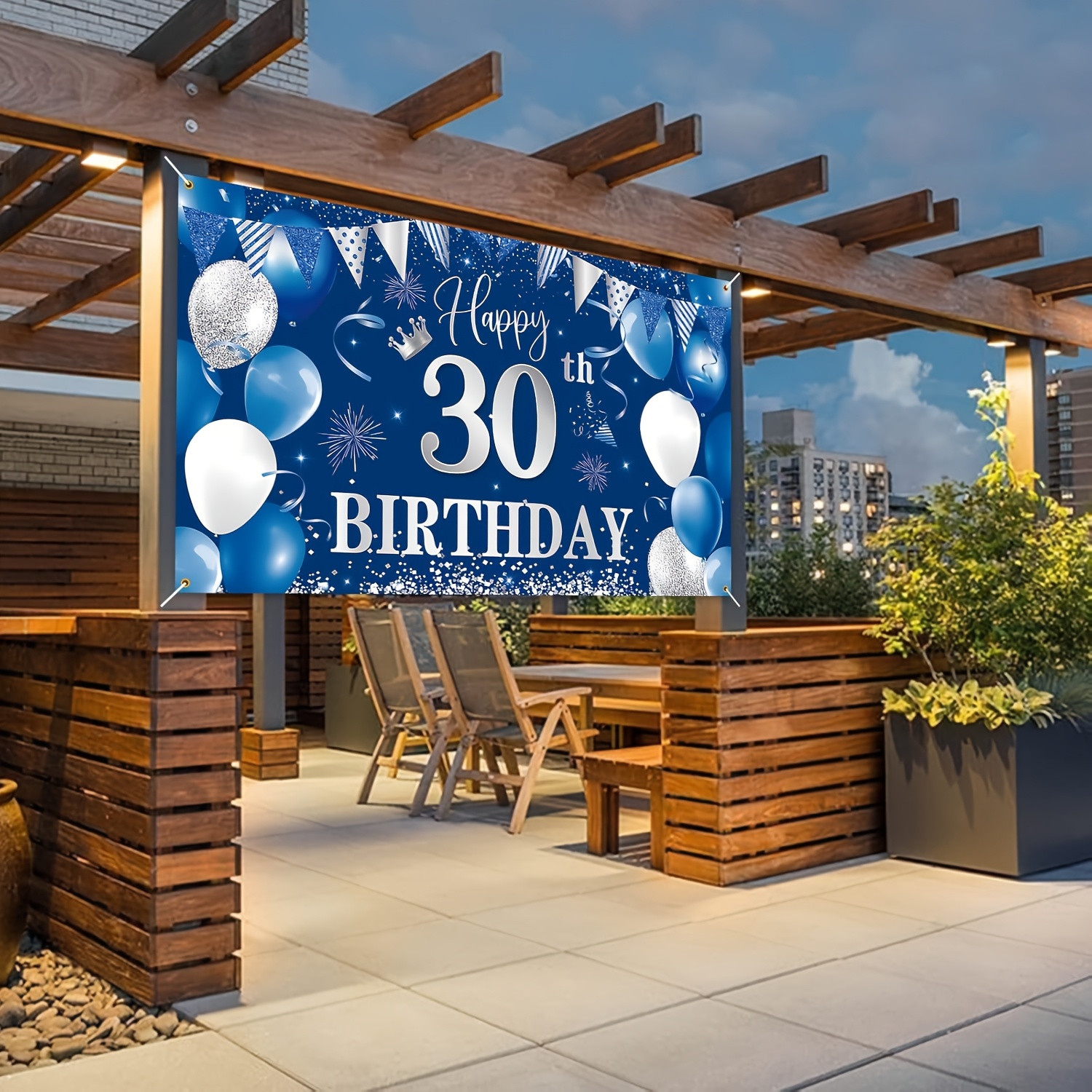 Happy 30th birthday banner background, sky blue and silver fabric, universal decoration, party photo background