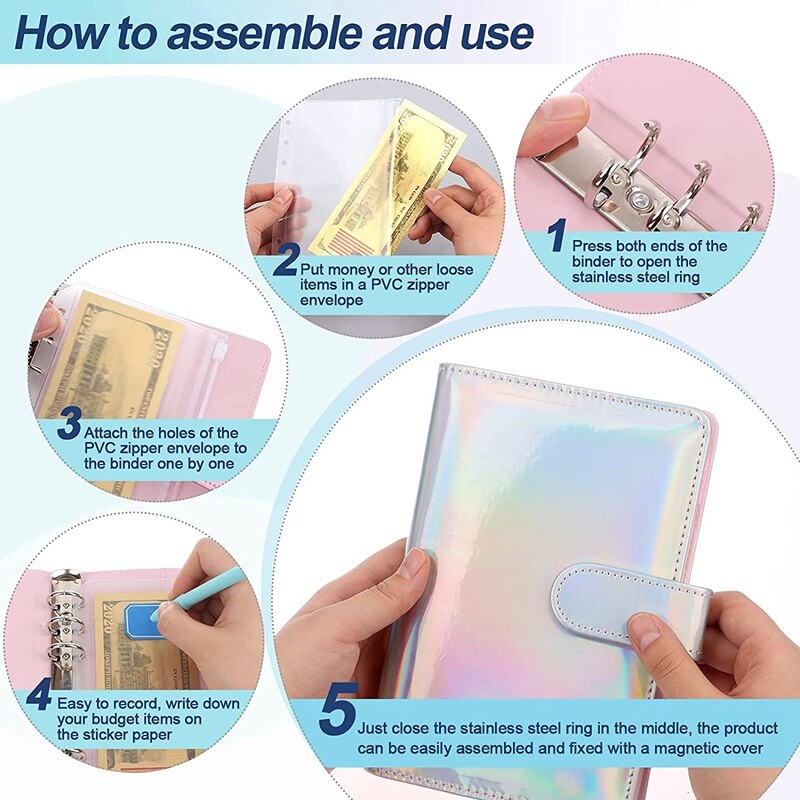 A6 Pu Lederen Bindmiddel Cover Roze Lederen Bindmiddel Bestand Pocket Losbladige Map 6-Ring Pvc Budget Envelop bindmiddel