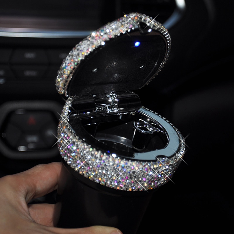 Strass Draagbare Auto Asbak met Led Licht Kristal Diamant Auto Ash Tray Asbak Opslag Bekerhouder voor Meisjes Auto Accessoires