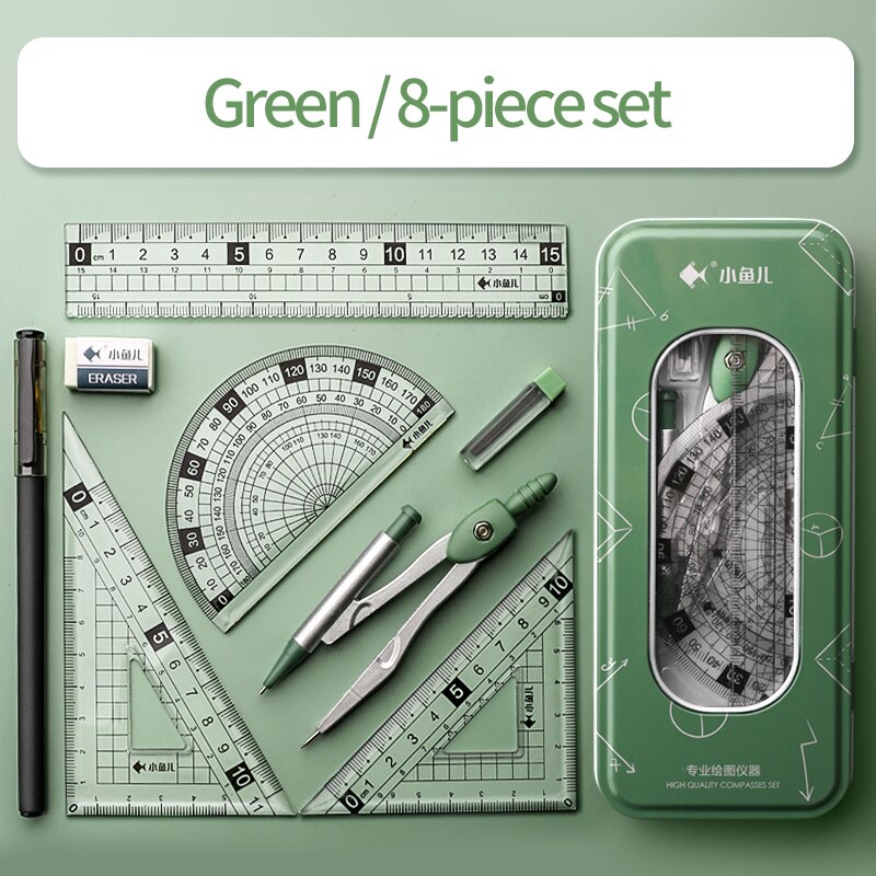 compasses ruler set triangle straightedge multifunctional math drawing caliper 2022 stationery school supplies: Green 8-piece set