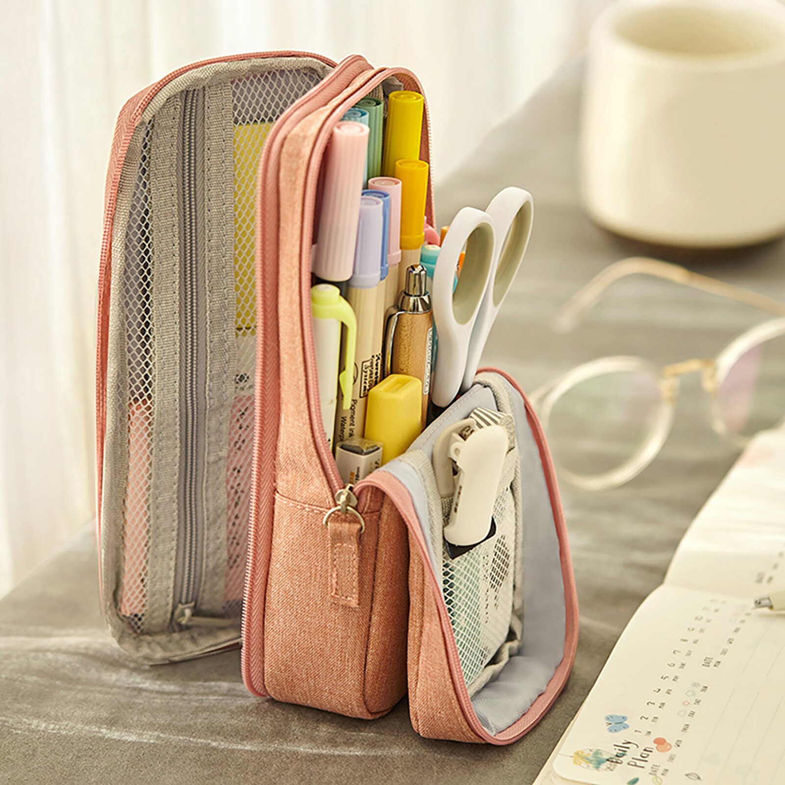 Bolsa de tela para bolígrafos, estuche de papelería con soporte de doble capa, gran capacidad, suministro de ,