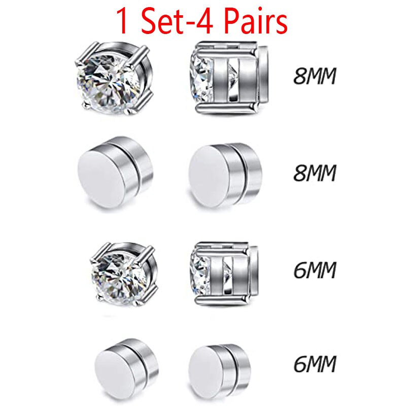 4 Paare von rostfrei Stahl magnetisch Zucht Ohrringe einstellen Pro Männer und Frauen nicht-perforiert Zircon Hypoallergenic 6-8MM: mischen einstellen-4 Paare