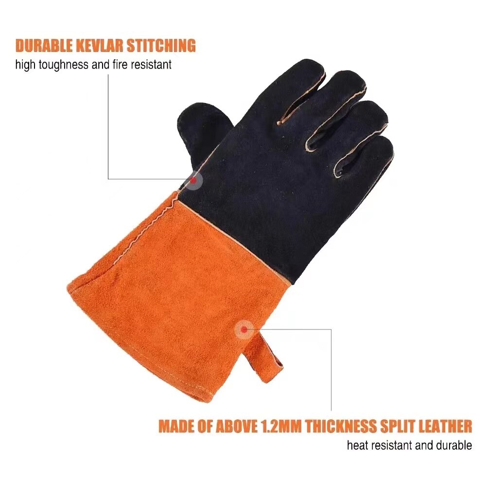Guantes de soldadura de cuero, manoplas resistentes al calor, al fuego, para horno, chimenea, estufa, barbacoa, con manga larga