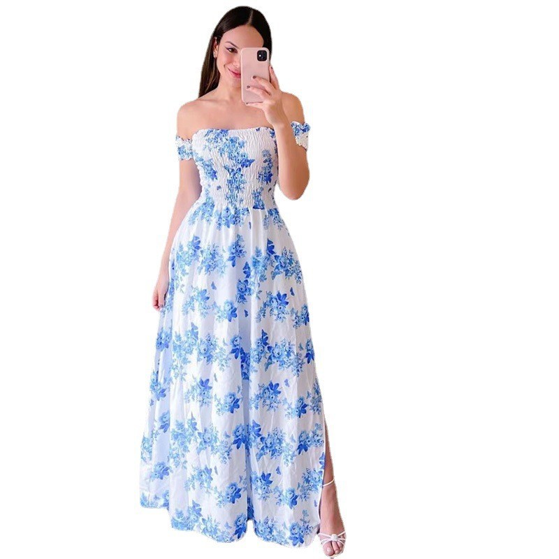 Moda feminina um ombro impresso split doce e elegante borboleta arco-íris vestido longo senhora vestidos flor sólido colorido